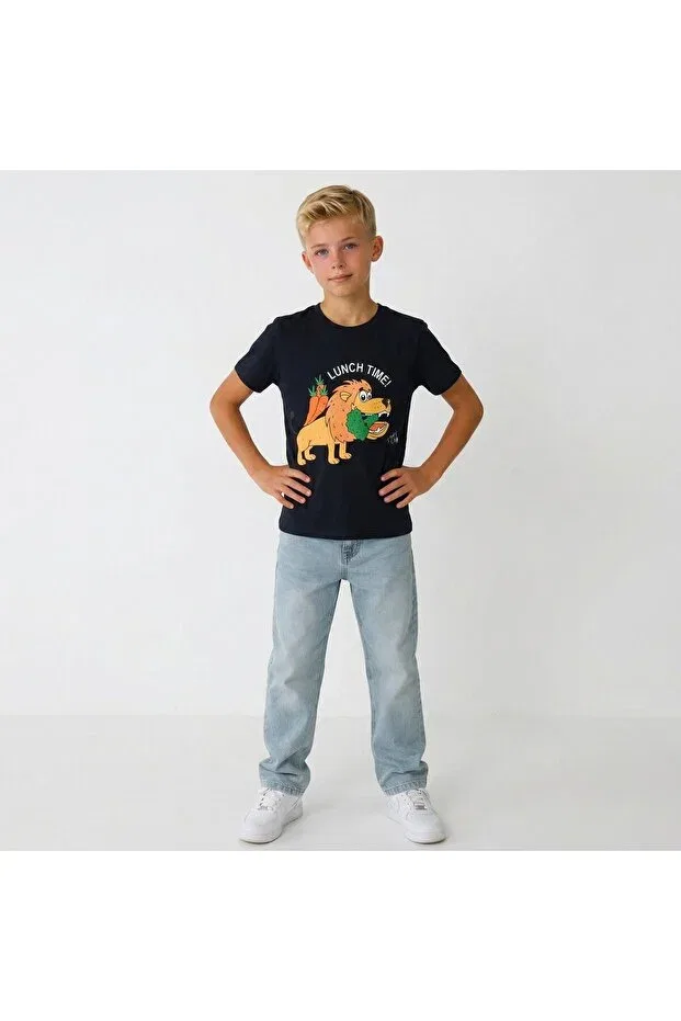 Детская футболка для мальчиков с принтом Cotton Vegan Lion Lunch Edoy, Navy Blue — фото 2