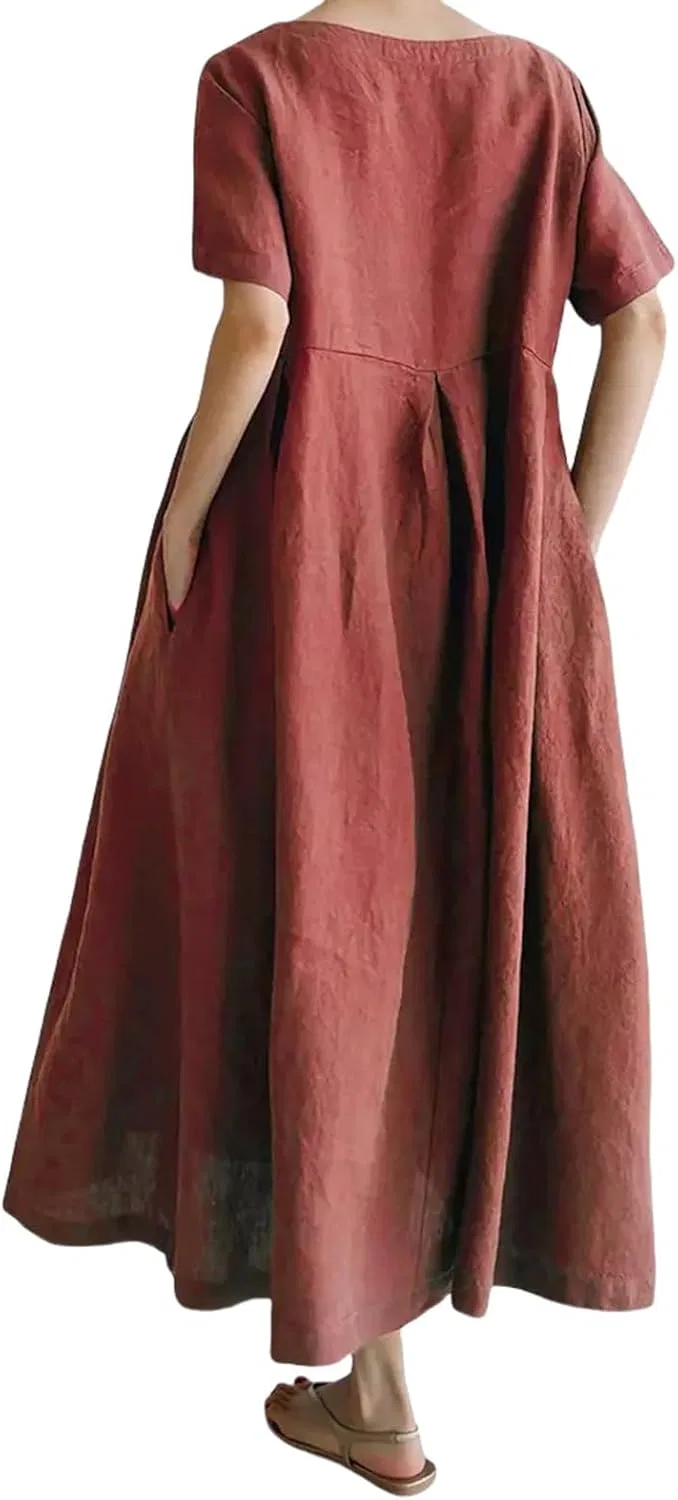 Женское свободное платье из льна с хлопком Oversized Crew Neck Short Sleeve Long Dresses Ruffle Hem Flowy Maxi Dress, Wine Red — фото 3