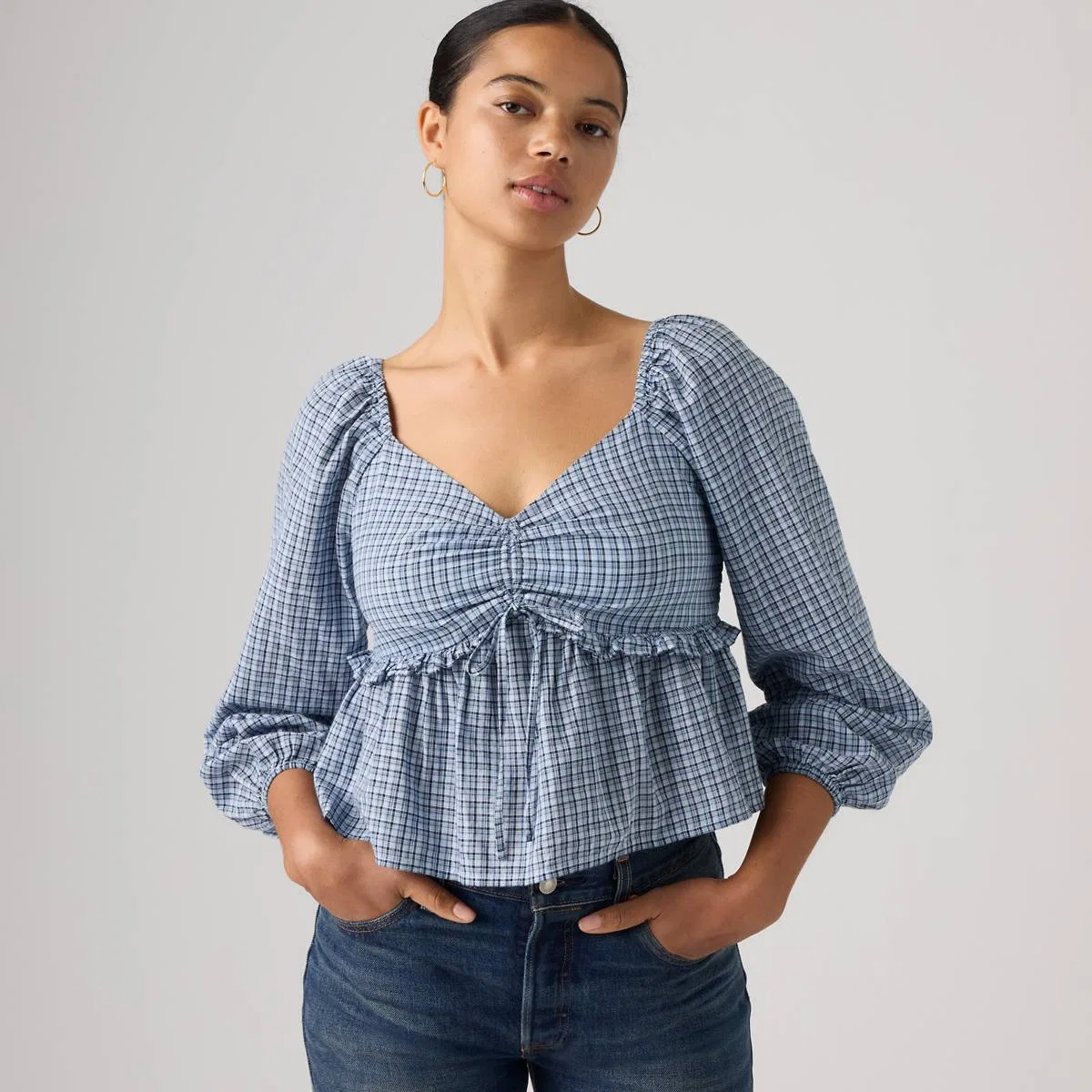 Узкая блузка с длинными рукавами Lottie Levi's, Caryn Plaid Chambray Blue - Blue