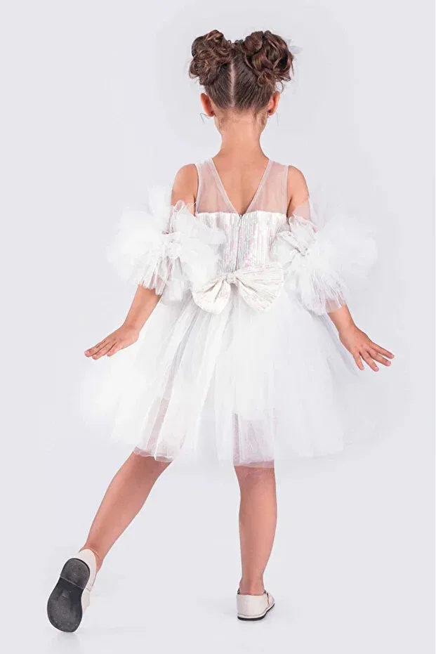 Детское платье для девочек с пайетками Pompom Sleeves And Sequined Tutu Vestitino, White — фото 2