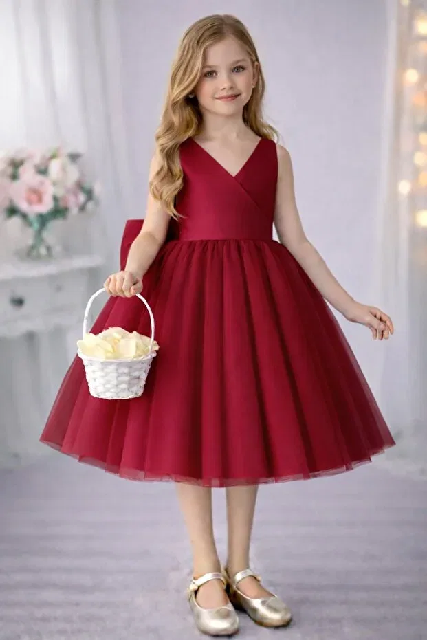 Детское платье для девочек с запахом Sare model Girl's Burgundy Wrap Collar Mini Plain Skirt Puffy Ball Gown & Birthday Dress Suneh, Burgundy