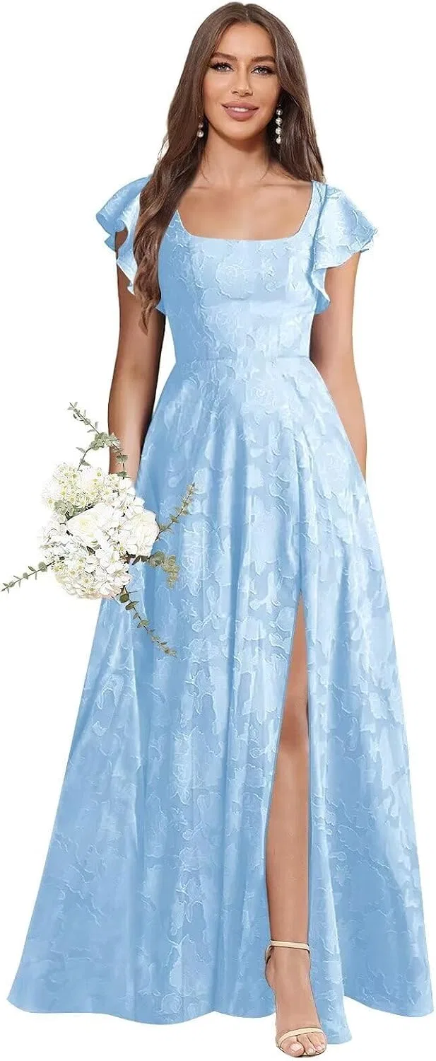Женское вечернее платье с цветочным жаккардом Ruffle Sleeves, Light Blue