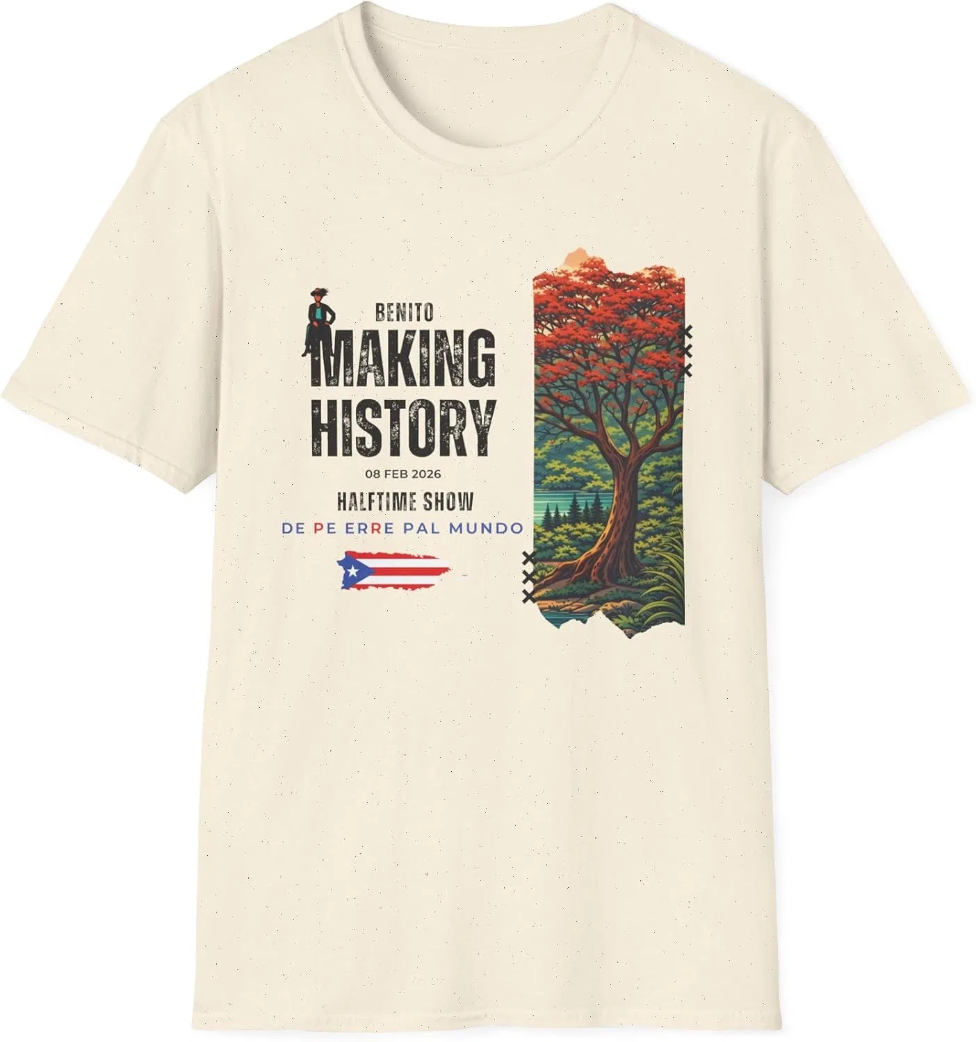 Мужская футболка с принтом Puerto Rico Football Shirt, Benito Music Bowl Graphic Tee, Flamboyan Latin Vibes Football Concert Boricua Gameday Shirt, натуральный