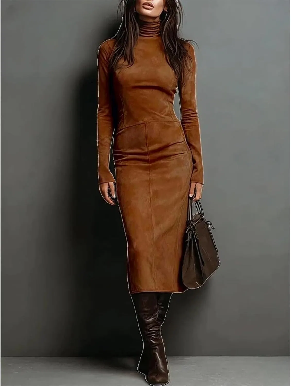 Женское облегающее платье миди с высоким воротом Faux Suede, Brown — фото 2