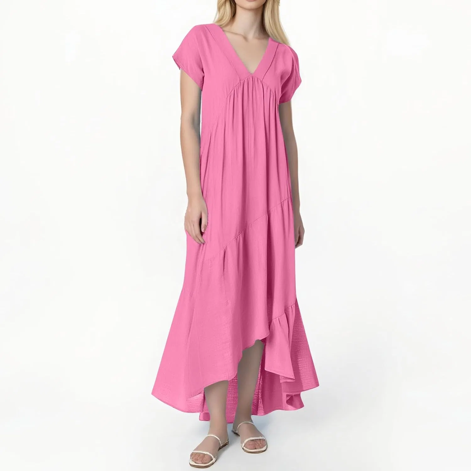 Женское летнее платье макси с V-образным вырезом из хлопка и льна, A004-hot Pink — фото 3