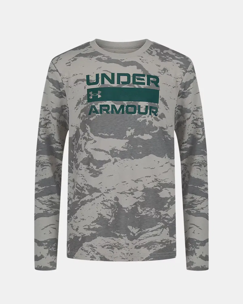 Лонгслив детский влагоотводящий из хлопковой смеси UA Mountain Camo UnderArmour, Titanium/Arden Green