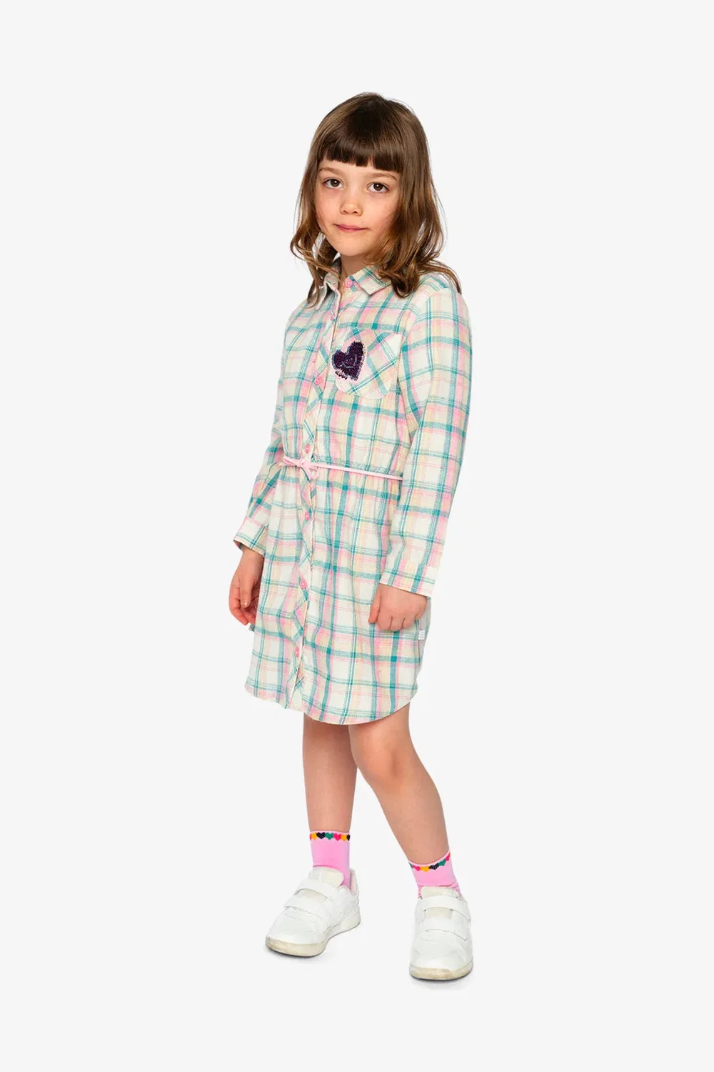 Детское платье-рубашка с поясом в клетку Ivy Kids Deux par Deux, Plaid Green and Pink — фото 3