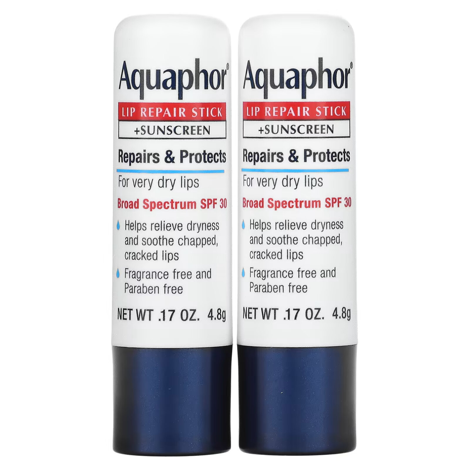 Aquaphor, Восстанавливающий стик для губ + солнцезащитный крем, SPF 30, без отдушек, двойной пакет, 2 стика по 4,8 г (0,17 унции) - фото