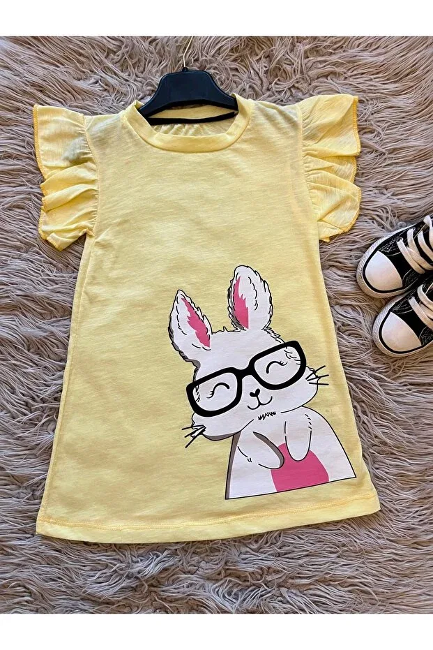 Детское платье для девочек с воланами Summer ruffled sleeve rabbit girl dress Enes Baby, Sarı