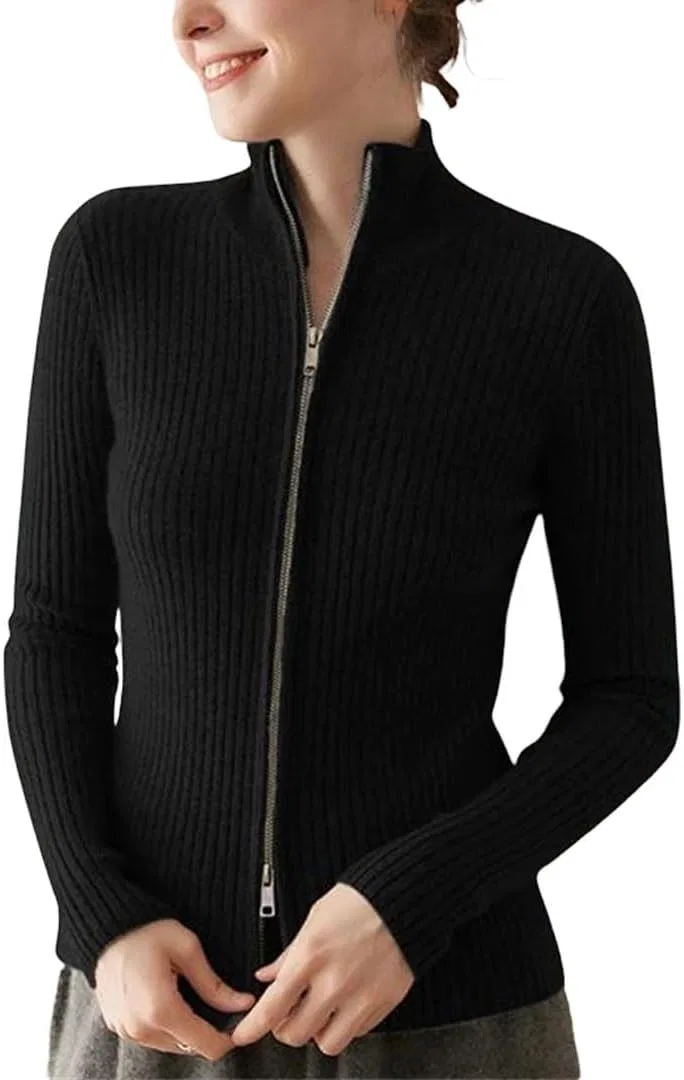 Женский кардиган с молнией, 100% кашемир, Slim Fit, чёрный