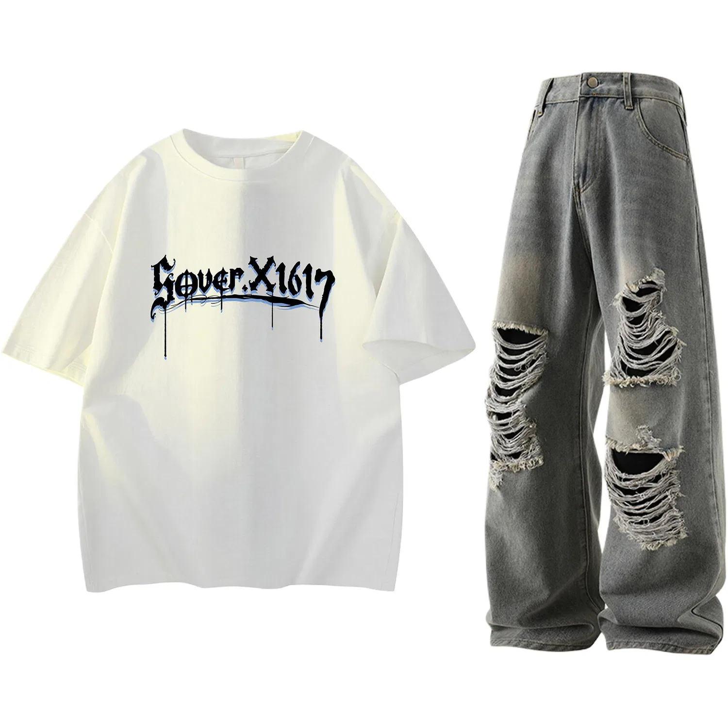 Детский комплект из футболки и джинсов с рваными коленями X1617, White Short-Sleeved T-Shirt Vintage Blue Ripped Jeans