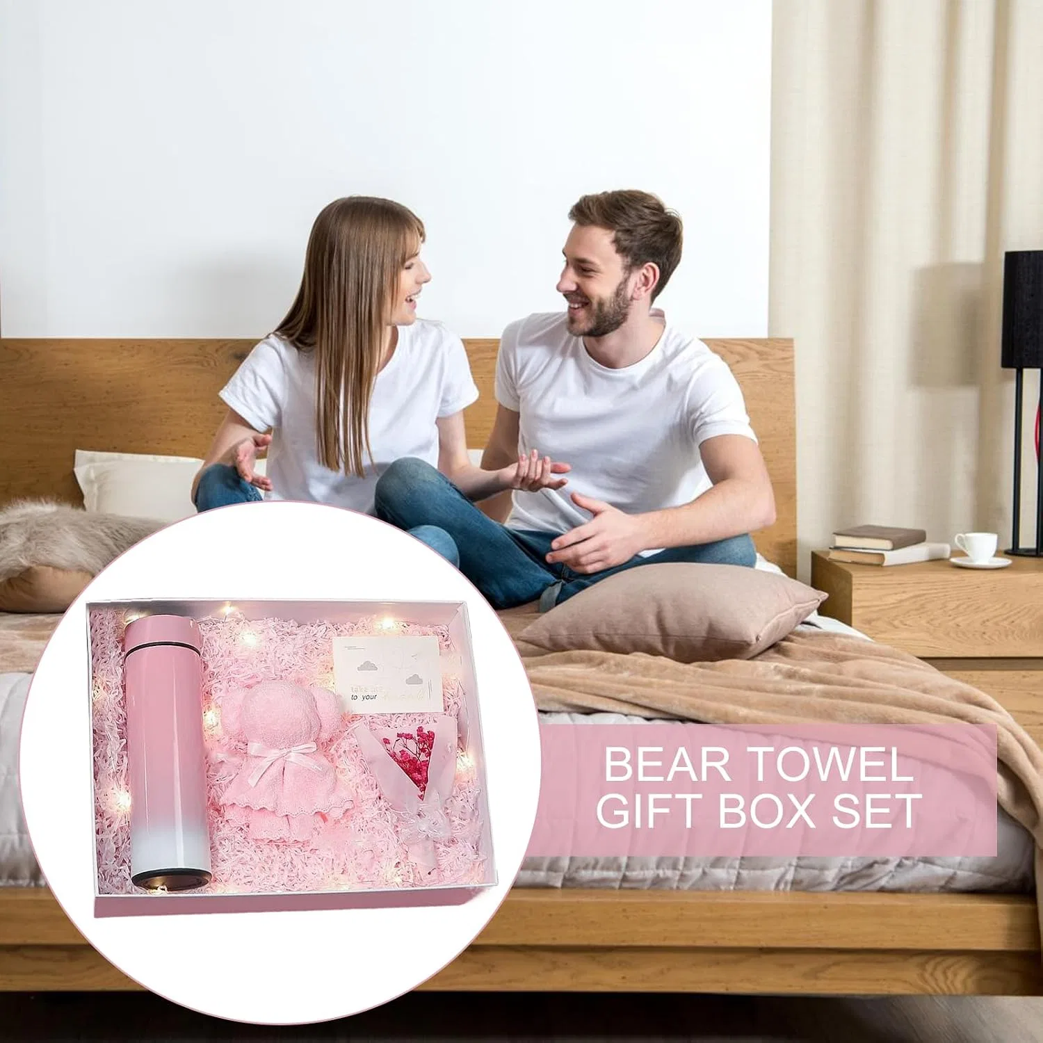 Подарочный набор Sirseon, 4 предмета: термокружка + полотенце + открытка-букет, Pink Bear — фото 2