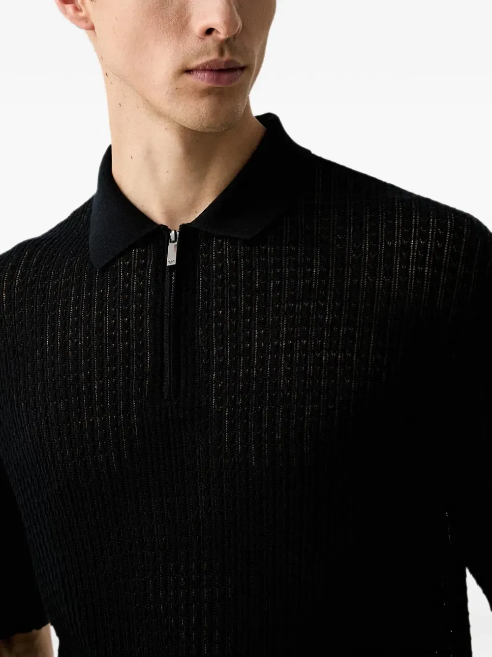 Свитер-поло из смеси шерсти и лиоцелла с узорной вязкой Emporio Armani, синий — фото 4