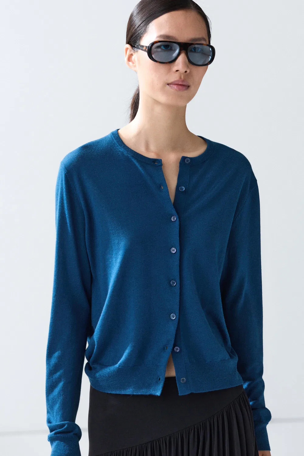 Кардиган Massimo Dutti Fine-Knit Round Neck, глубокий синий