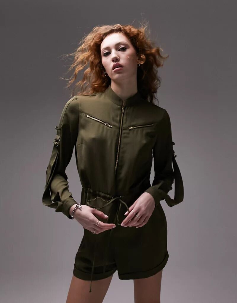 

Комбинезон цвета хаки с молнией спереди Topshop
