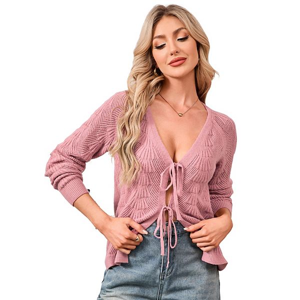 

Женский вязаный кардиган с длинным рукавом и V-образным вырезом Kojooin, Pink