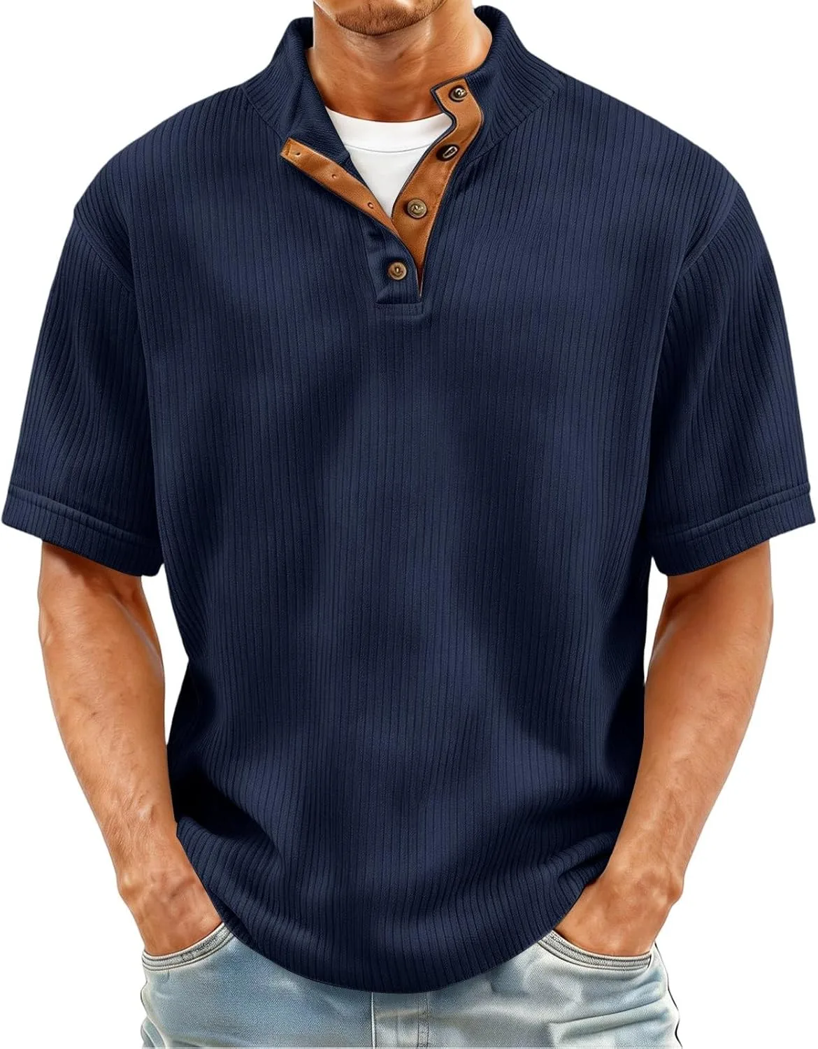 

Мужская хлопковая футболка с коротким рукавом и пуговицей OAZKXCN