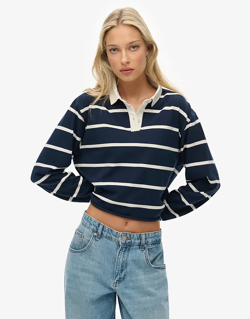 Укороченная полосатая футболка для регби Superdry Athletic essentials в насыщенном темно-синем/бежевом цвете