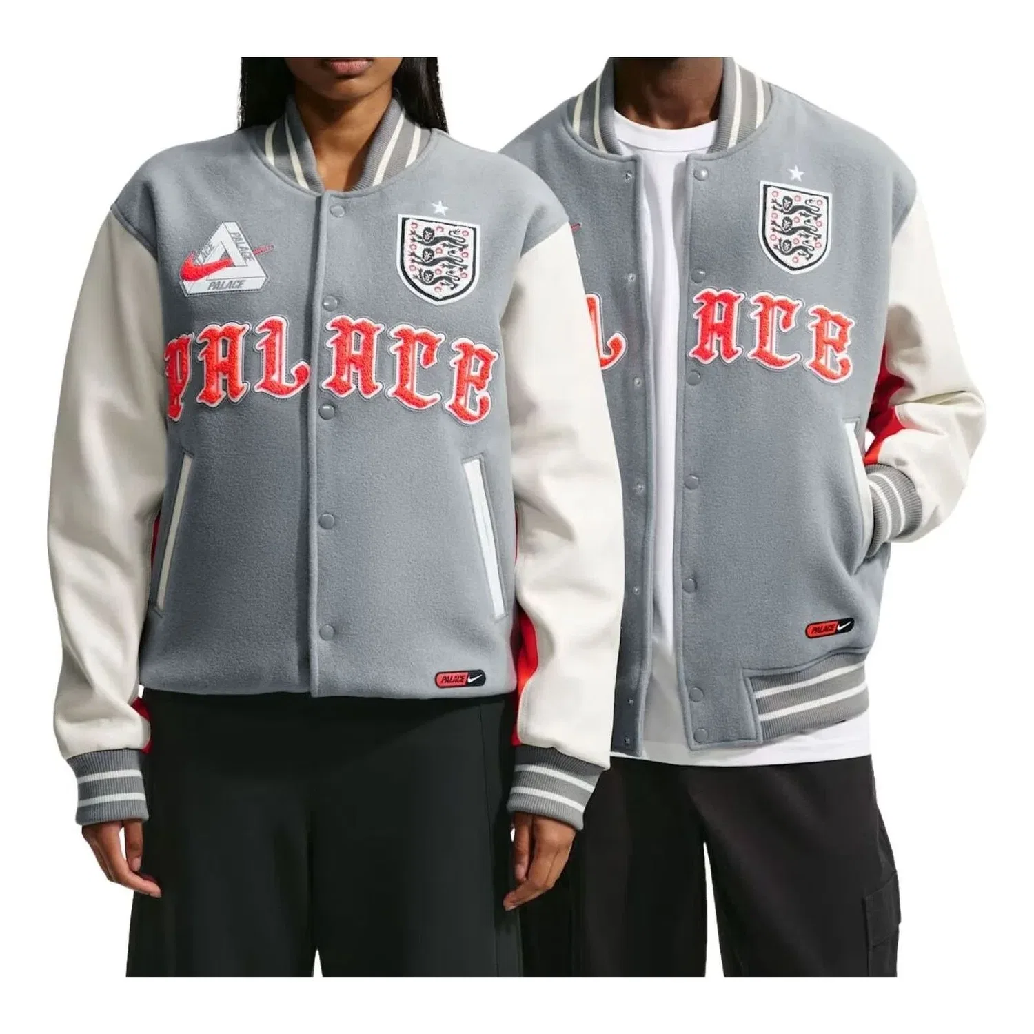 Мужская куртка-ветровка с принтом Nike x England x Palace Cryoshot Varsity Jacket Cool Grey White Bright Crimson, серый