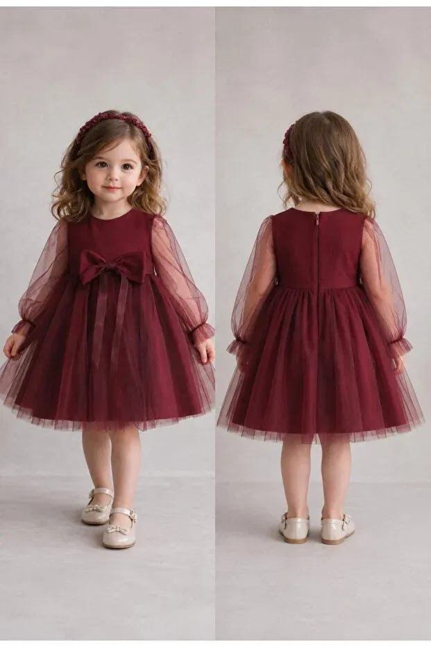 Детское платье для девочек с длинным рукавом Burgundy bow-tie tulle dress Çanta Lilaa, Burgundy — фото 2