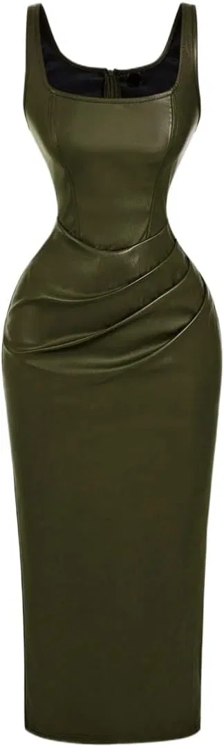 Женское миди-платье из PU кожи с плиссировкой Olive Green