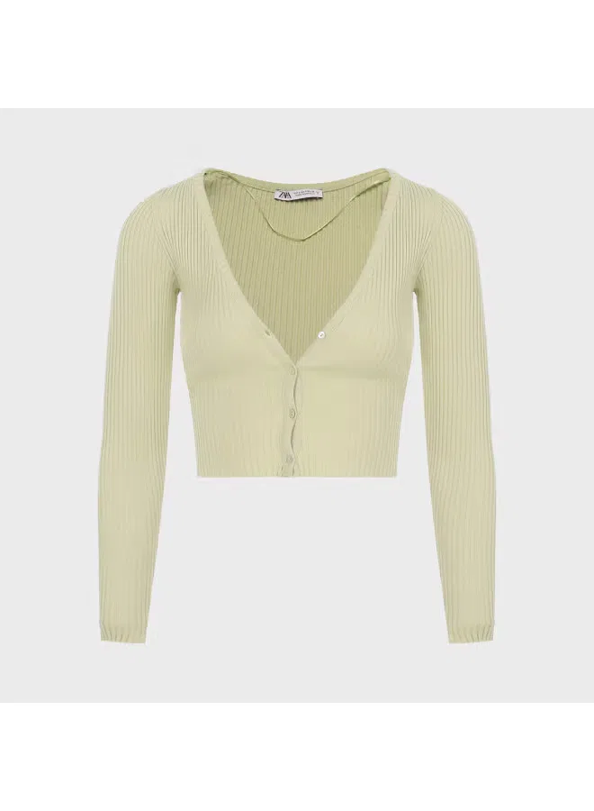 Кардиган с длинным рукавом и V-образным вырезом Zara, зеленый — фото 2