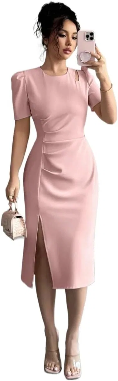 Женское повседневное платье миди с буфами, Pink