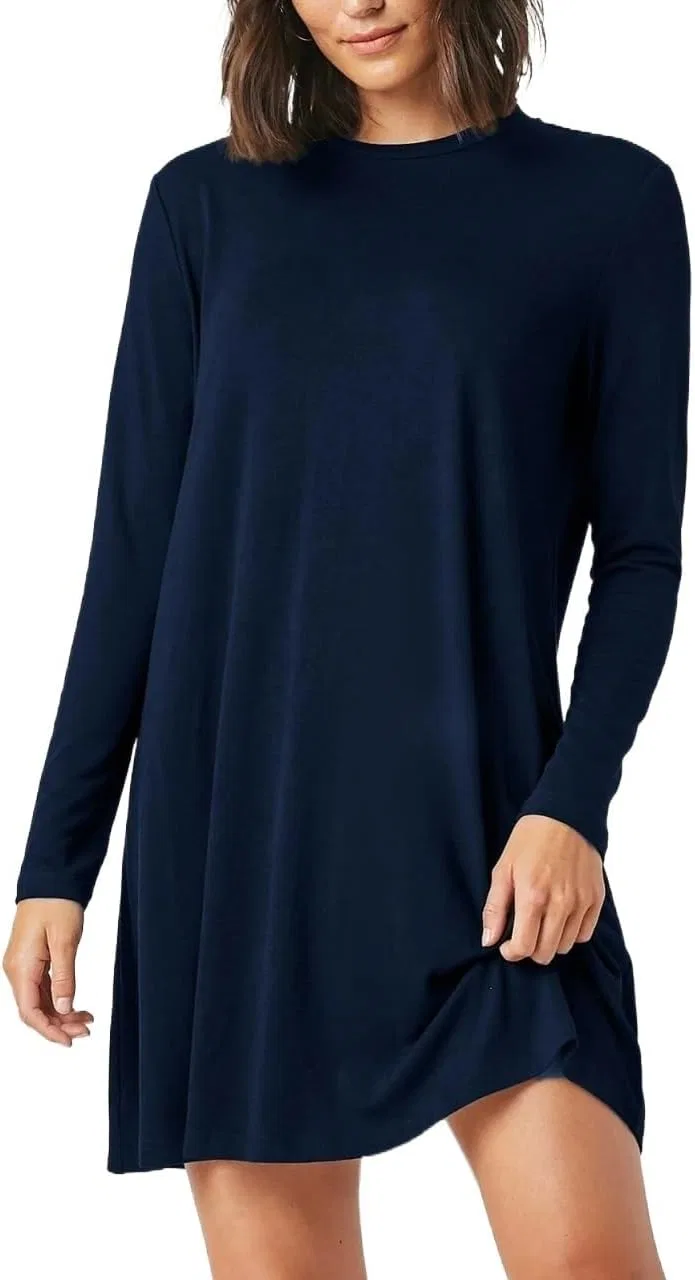 Женское повседневное платье-футболка трапеция с круглым вырезом, Navy Blue