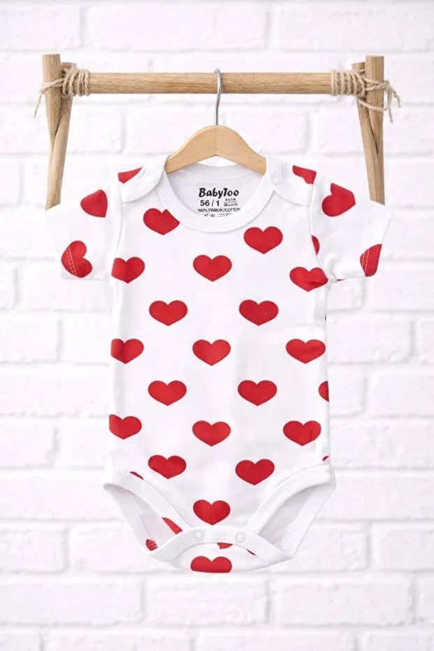 Детское боди для девочек с принтом Short sleeve heart patterned snap fastener bodysuit baby girl bodysuit Babytoo, White — фото 2