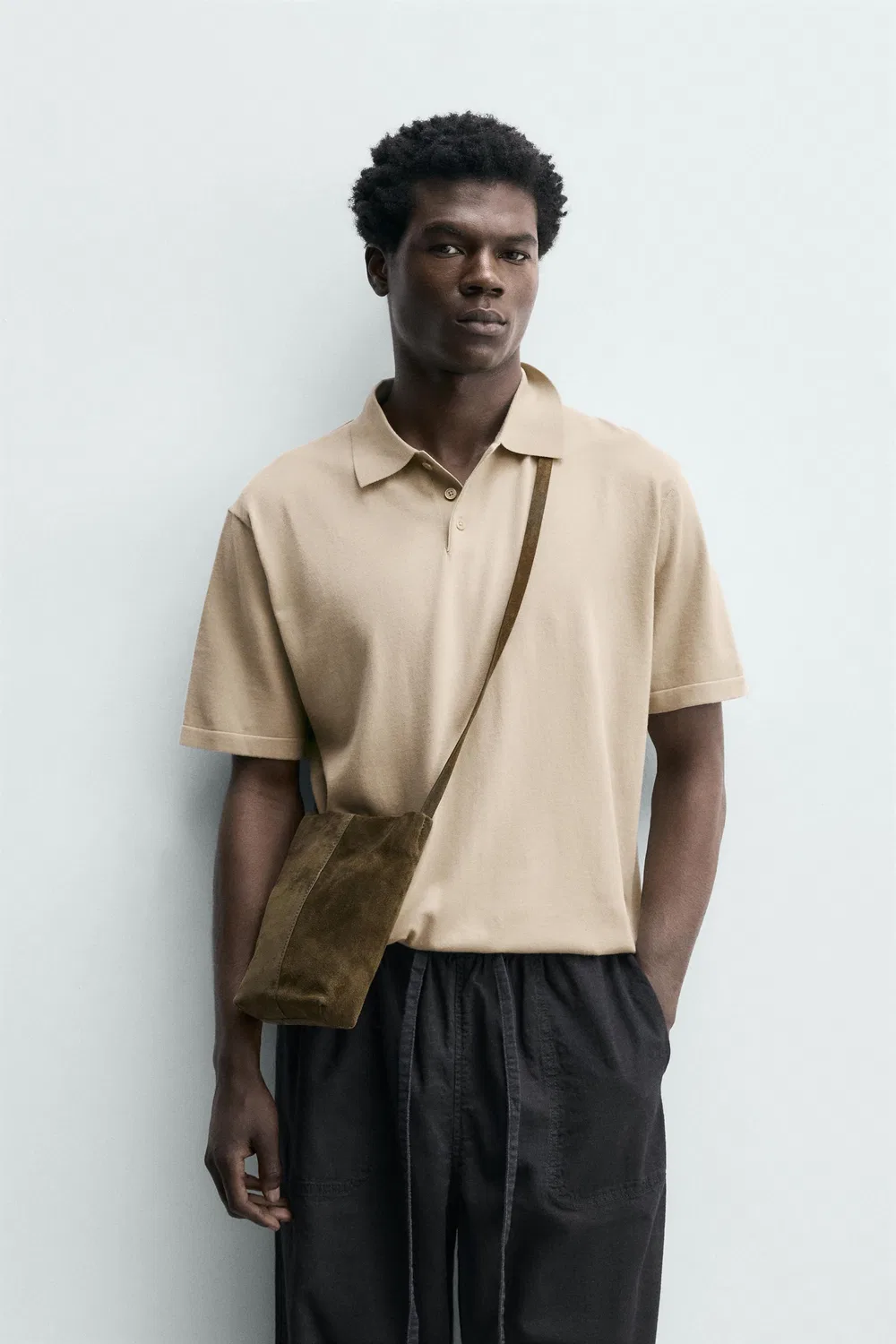 Поло из трикотажа из хлопковой смеси, стандартного кроя ZARA, Camel — фото 2