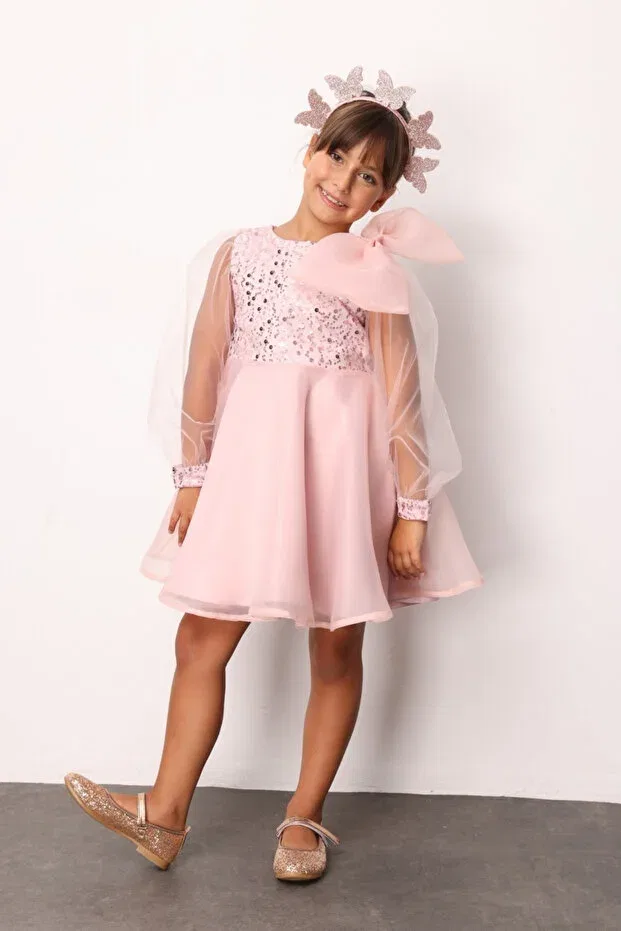 Детское платье для девочек с пайетками Powder Bow Detailed Sequin Girls' Dress - Wendy Le Mabelle, Powder — фото 2