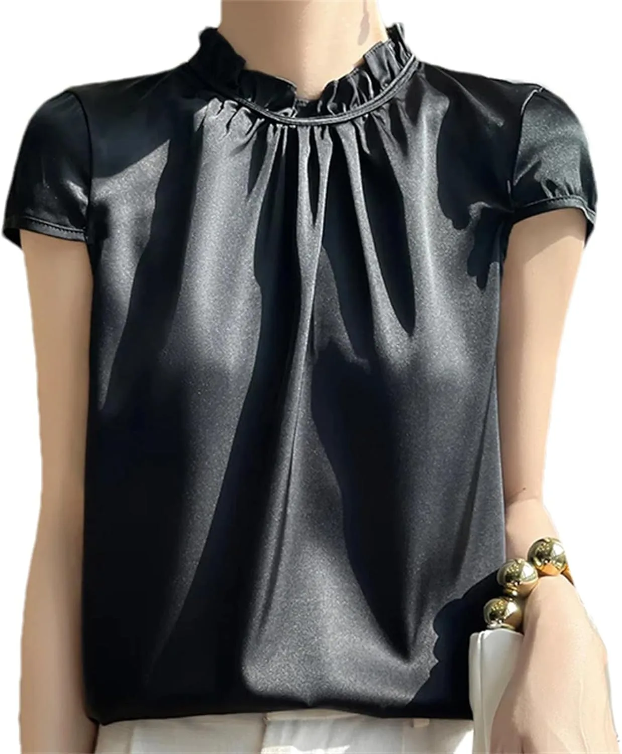 

Женская летняя шелковая футболка с коротким рукавом и воротником-жабо