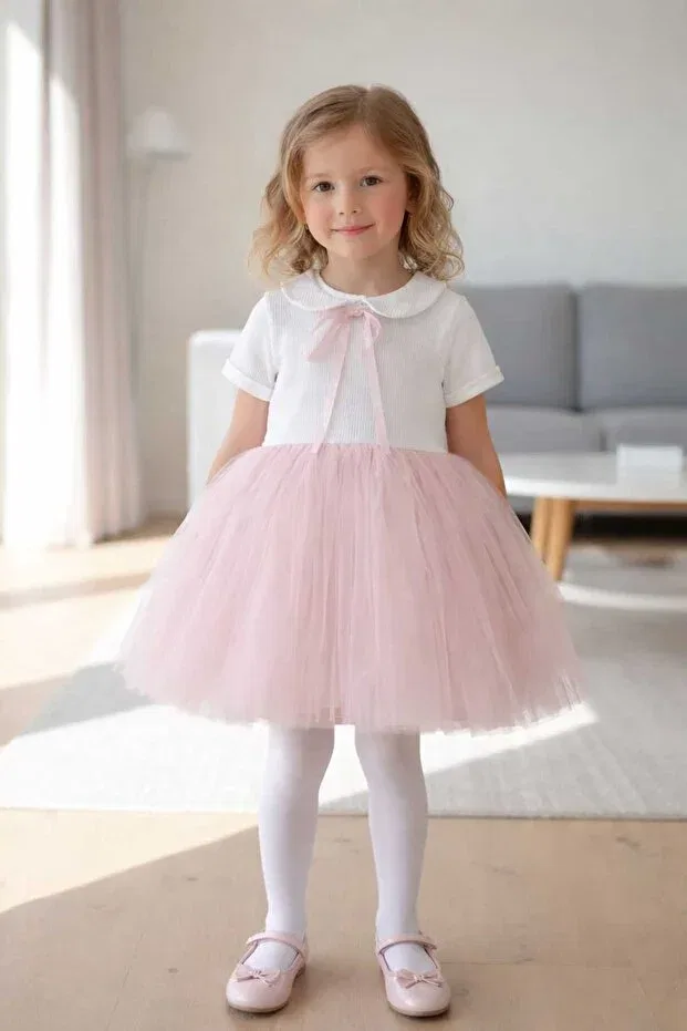 Детское платье для девочек с принтом Perla Short Sleeve Girl's Princess Fluffy Tutu Dress Baby Collar Flexible Lycra Şirin Şeyler Butiği, Short-Pink-White