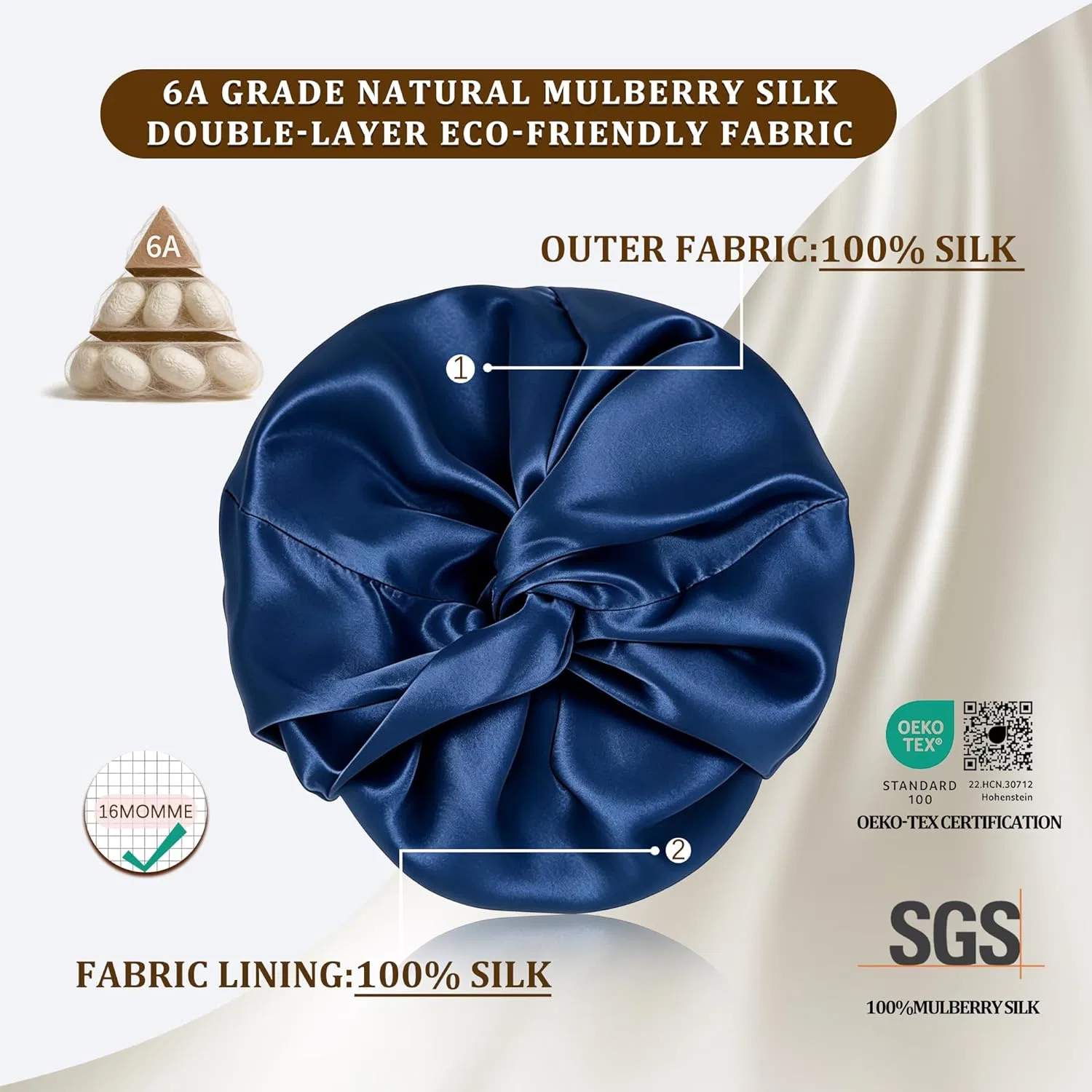 Шапочка для душа Sleep Cap, двухслойная, 16 мм, 100% тутовый шелк, townssilk, 1 шт, Navy Blue — фото 2