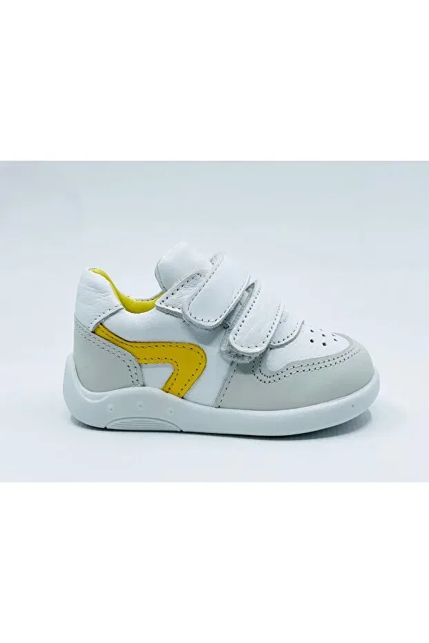 Детские кроссовки для девочек кожаные с ортопедической стелькой Lepi, White-Yellow — фото 2