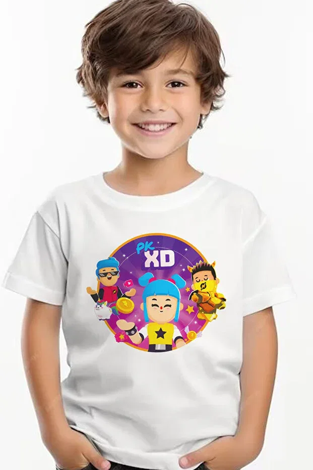 Детская футболка для девочек с принтом Pk xd game character pattern printed children's black and white tshirt Store, White