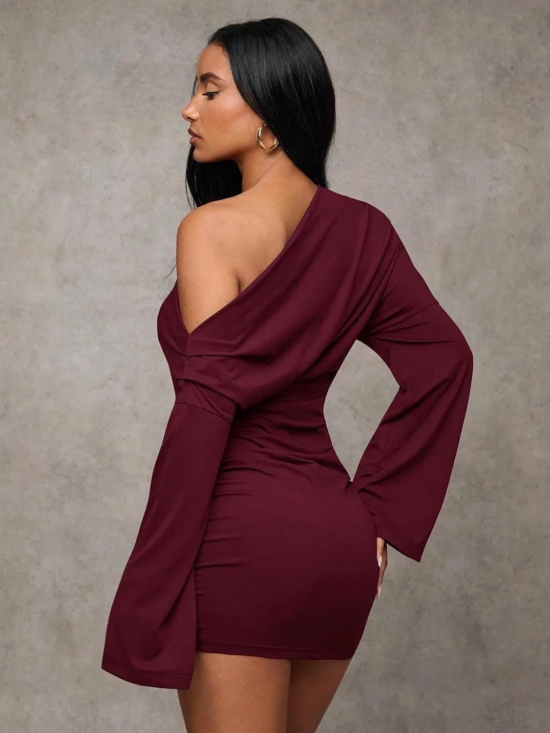 Женское облегающее мини-платье с длинным рукавом Casual, Burgundy — фото 2