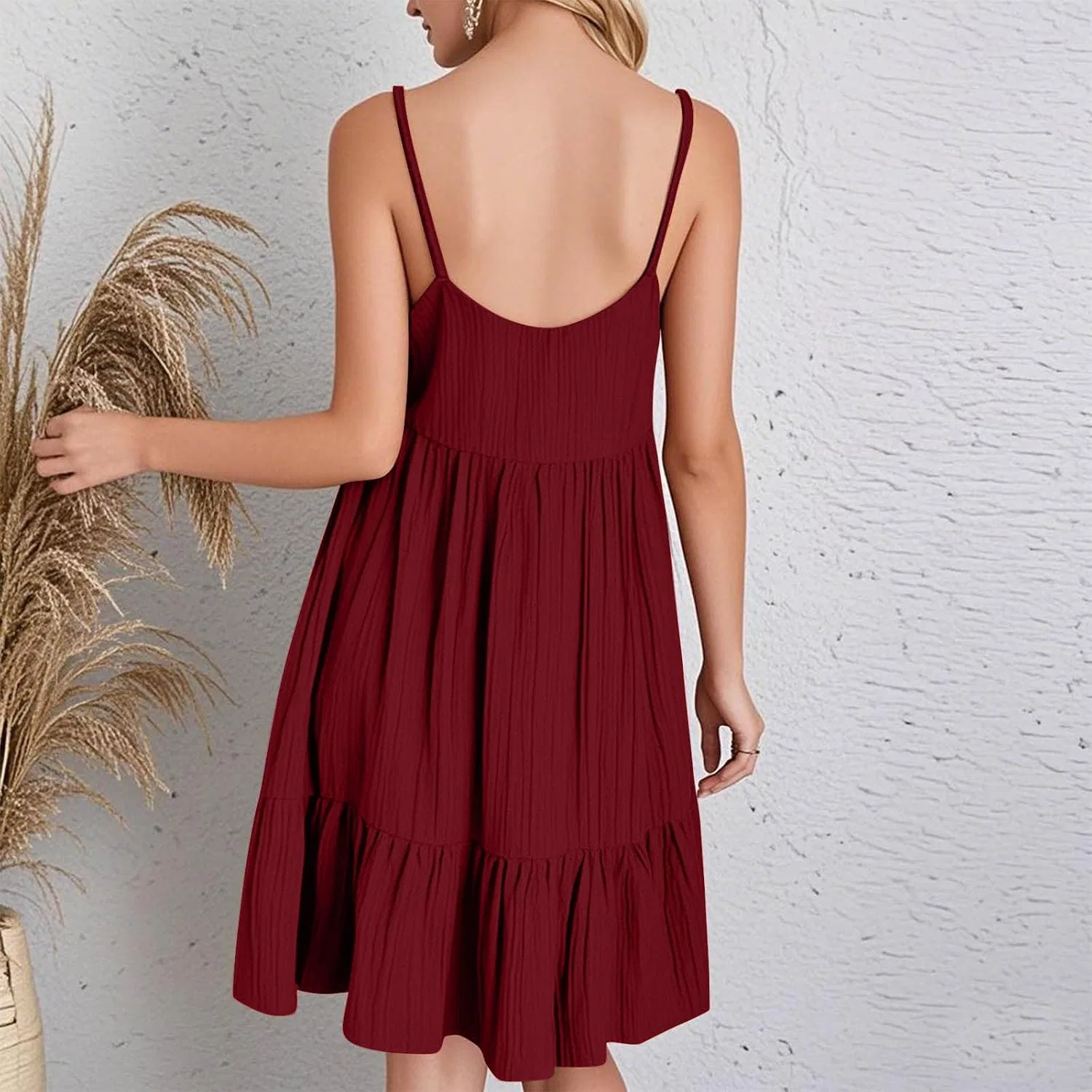 Женское летнее платье миди V-образным вырезом Peplum, #02 Wine — фото 3