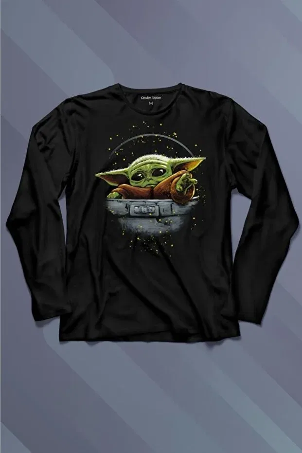 Детская футболка с длинным рукавом с принтом Baby on board yoda star wars green baby mandalorian Kendim Seçtim, Black