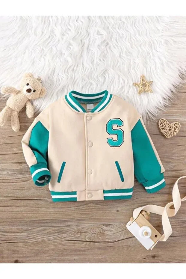 Детская куртка-бомбер с принтом Unisex Letter Appliqued Contrast Stripe Detailed College Bomber Pink Hippo Kids, Cream