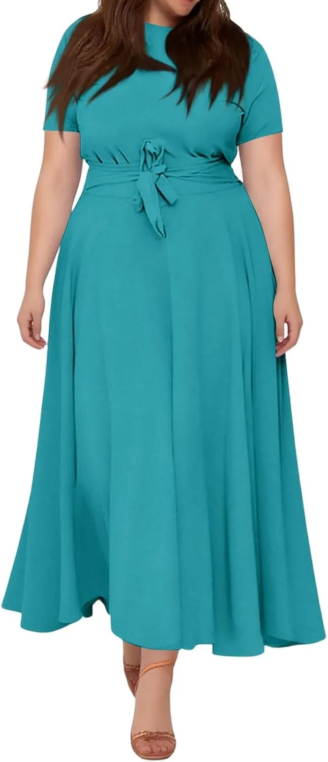 Женское пляжное платье-макси с круглым вырезом и коротким рукавом, Turquoise — фото 2