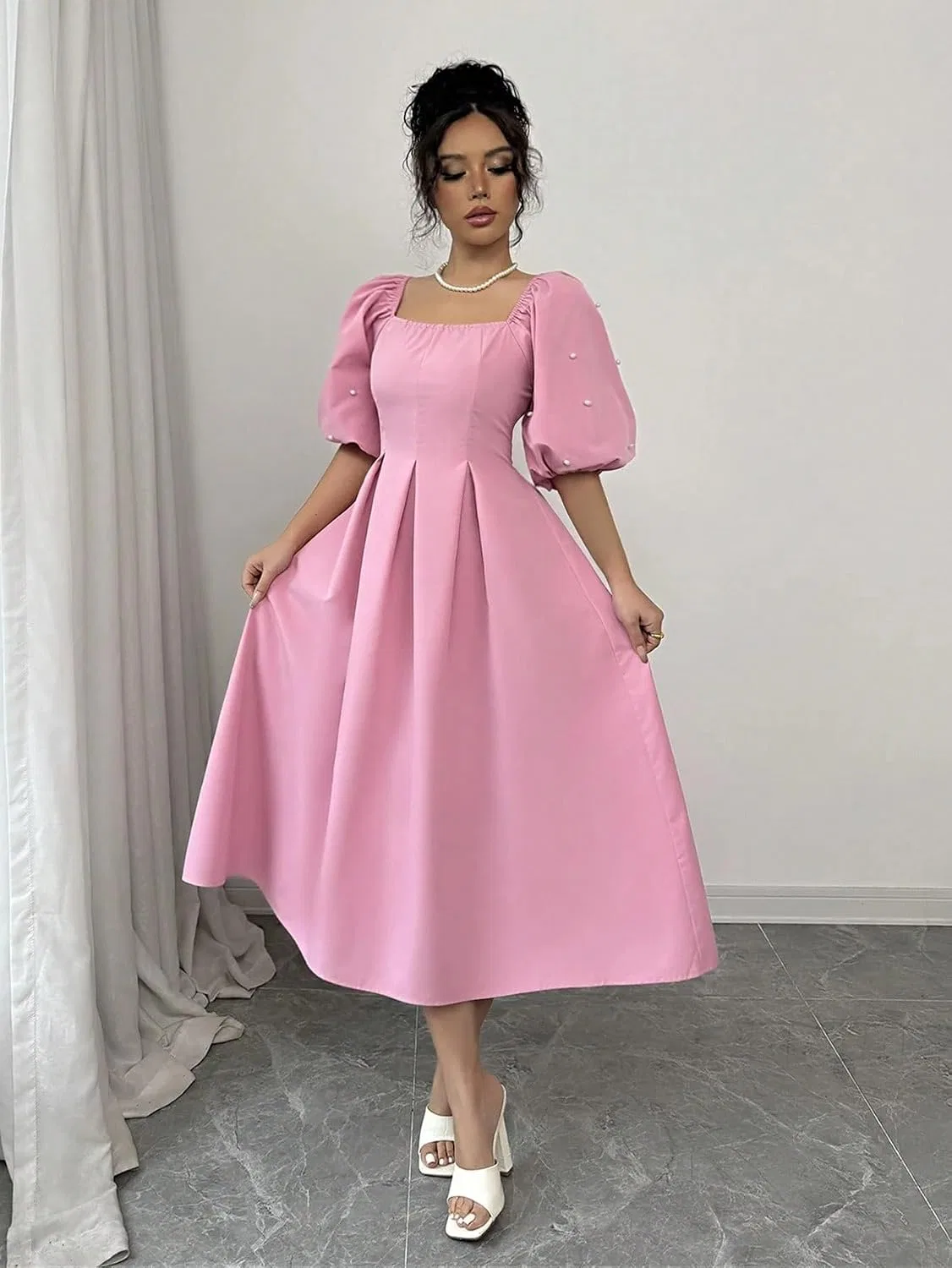 Женское повседневное платье A-силуэта с квадратным вырезом, Pink — фото 4