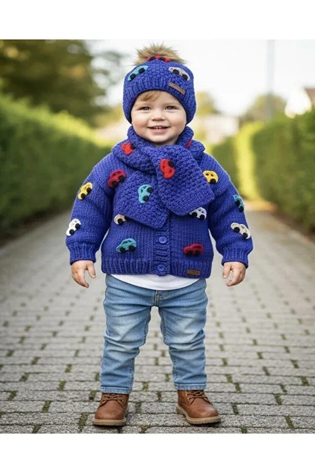 Детский для мальчиков комплект кардигана и шарфа с шапкой Hand Knitted Set Boy's Car Detailed Cardigan and Scarf & Beanie Set Nevalin, Navy Blue