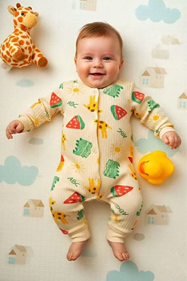 Детский комбинезон для новорожденных с принтом Yukobaby Bebeğiniz Için En Doğalı, Beige