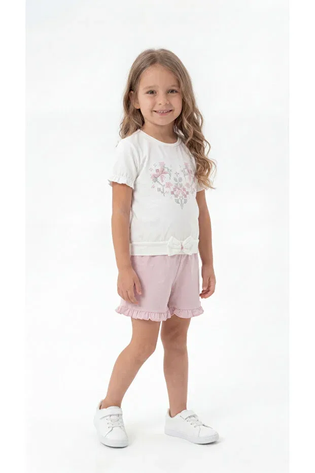 Детский комплект для девочек с вышивкой Embroidered bowknot combed cotton girls' t-shirt and shorts set Mışıl Kids, Pink — фото 3