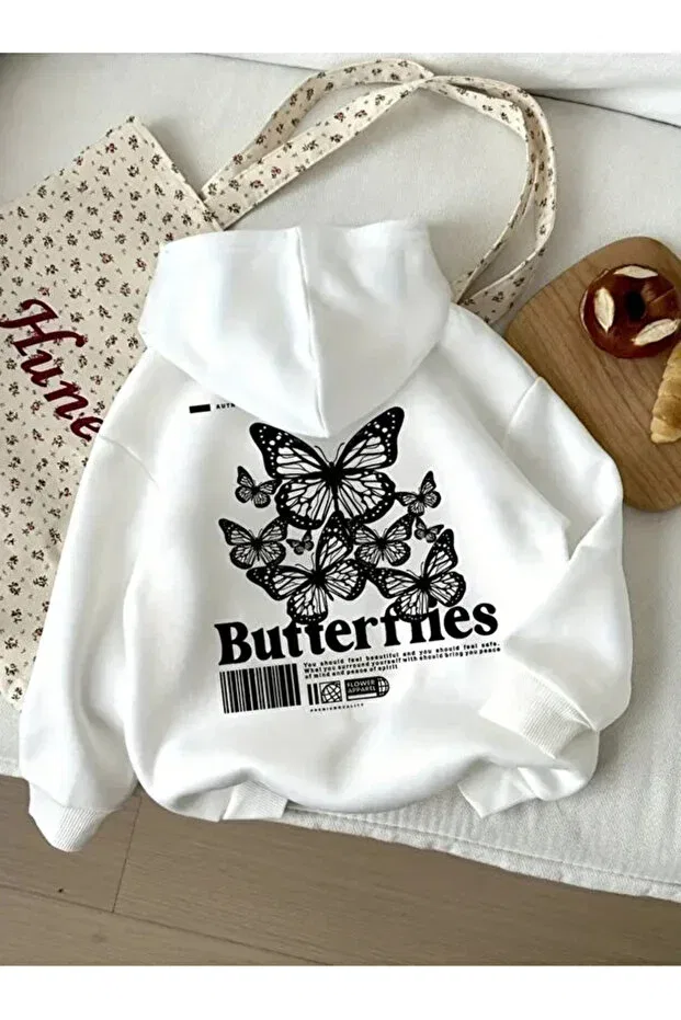 Детское худи для девочек с принтом Butterfly Printed Hooded Sweatshirt Hoodie New Season Baxia, White
