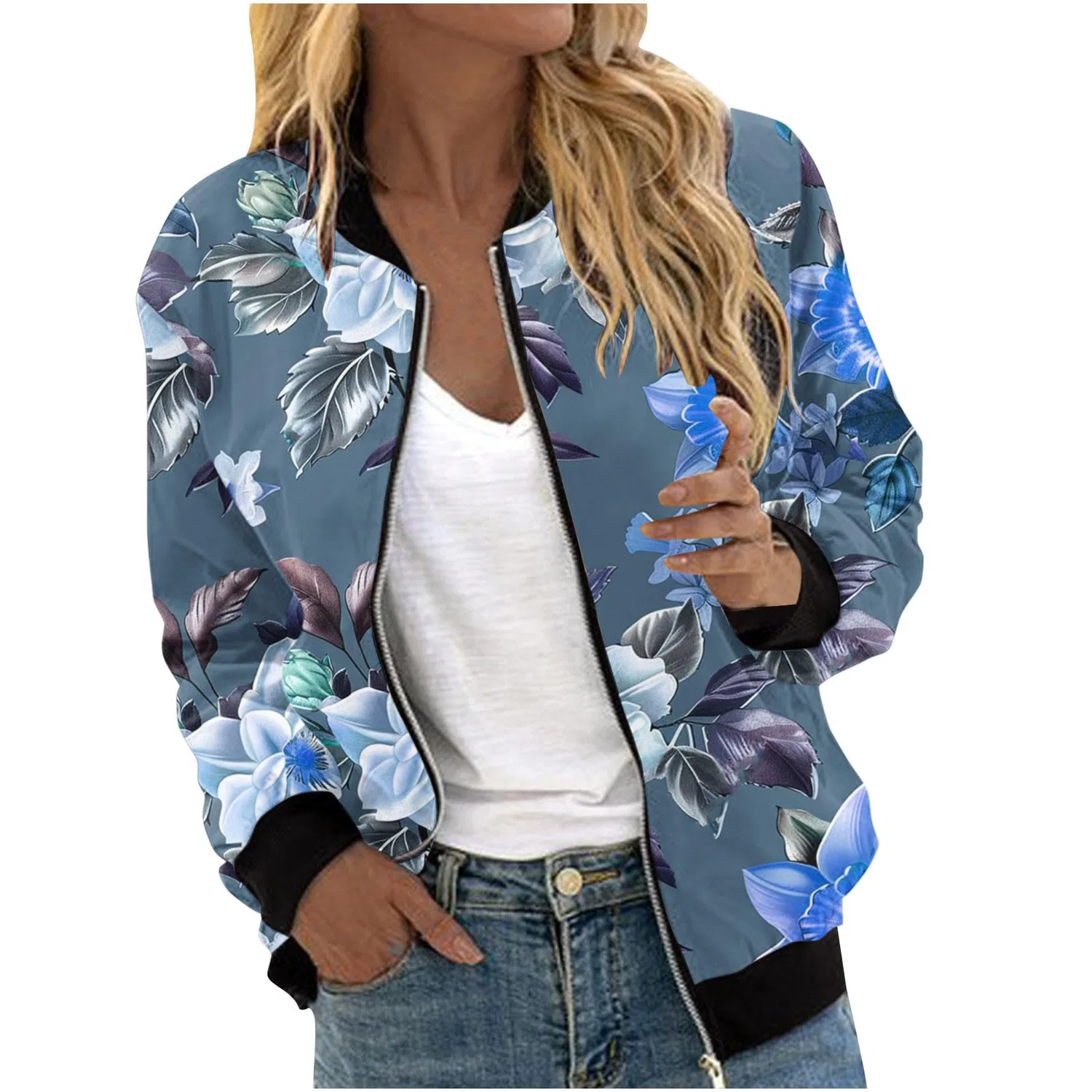 Женское зимнее пальто с цветочным принтом Black Bomber Jacket, Blu