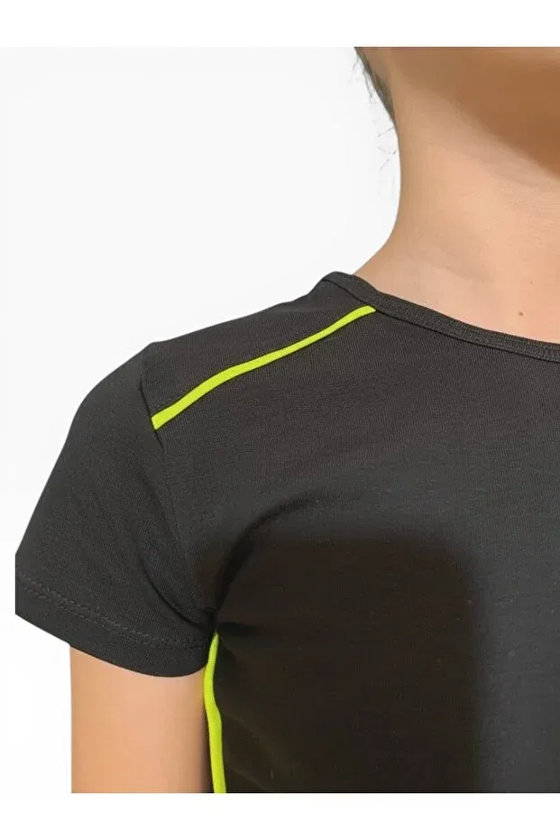 Детская футболка для девочек хлопковая Black Cotton Lycra T-Shirt With Neon Yellow Piping She Can Wear, Black — фото 3