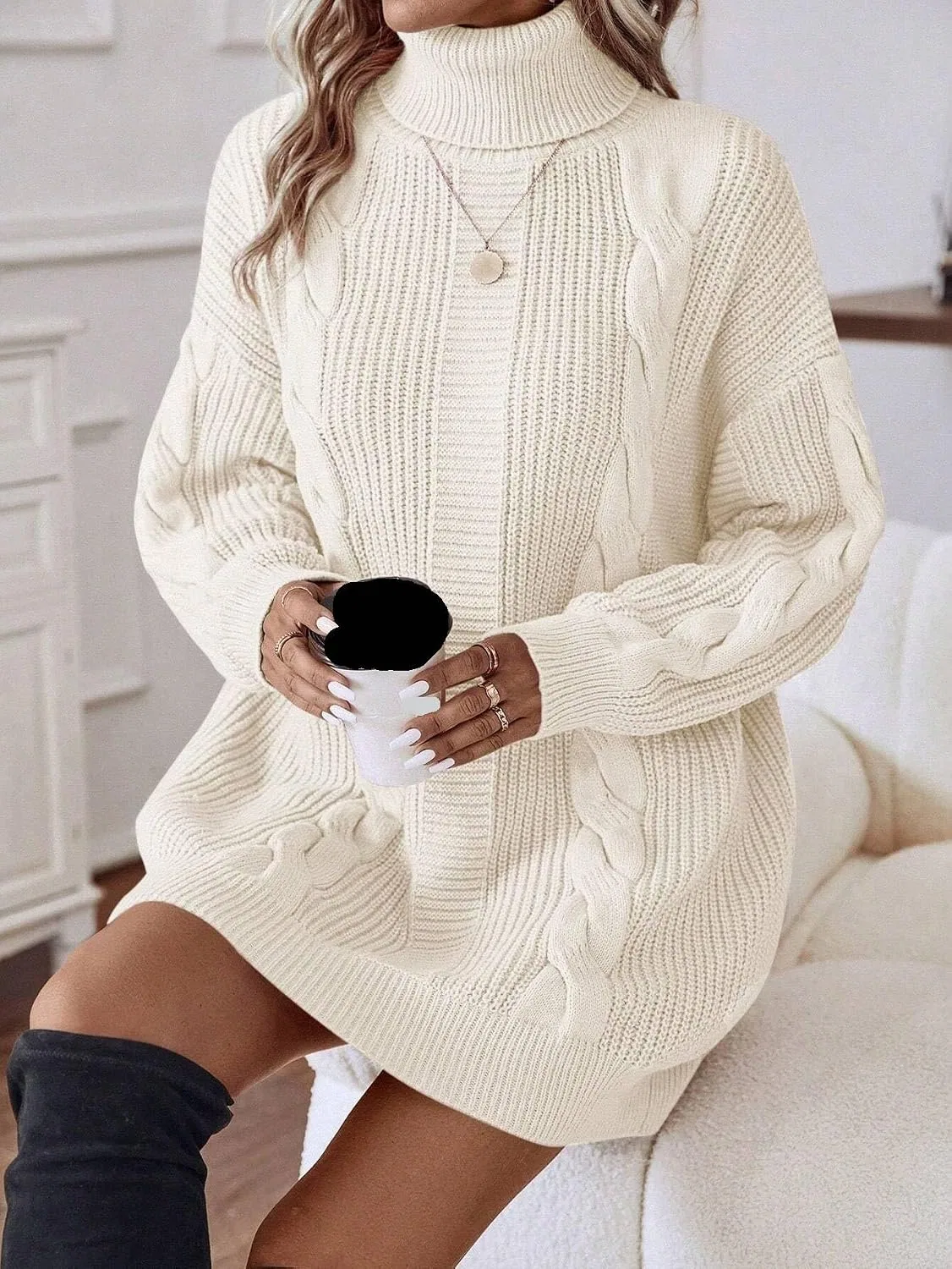 Женское повседневное платье с высоким воротом и косами, Beige — фото 3