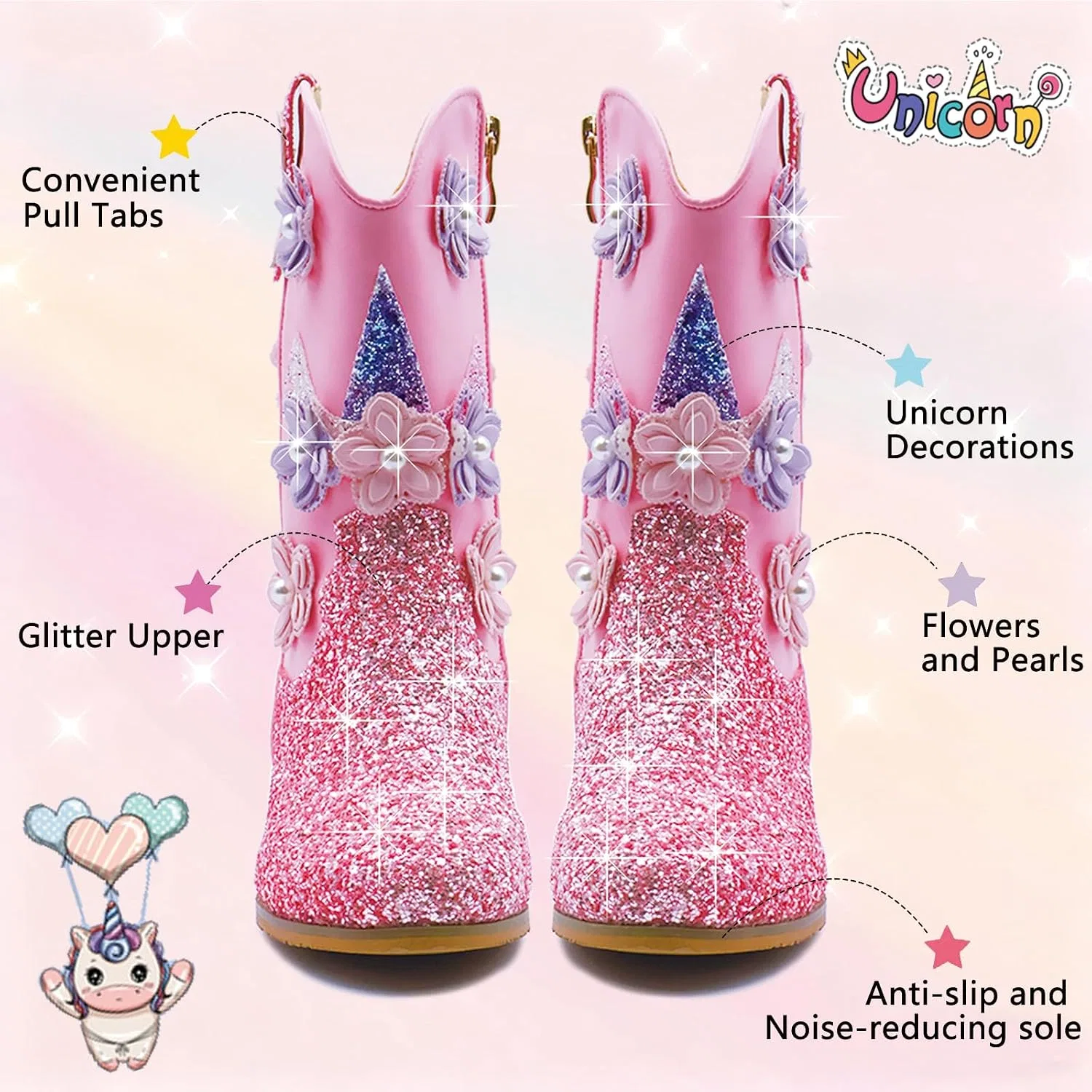 Детские сапоги для девочек с блестками Western Boots Fmiiour, Pink — фото 4